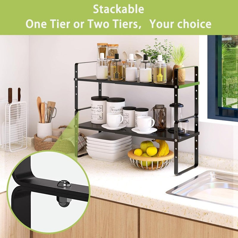 Expandable Cabinet Shelf Organizer Stackable Adjustable Kitchen Rack Black3