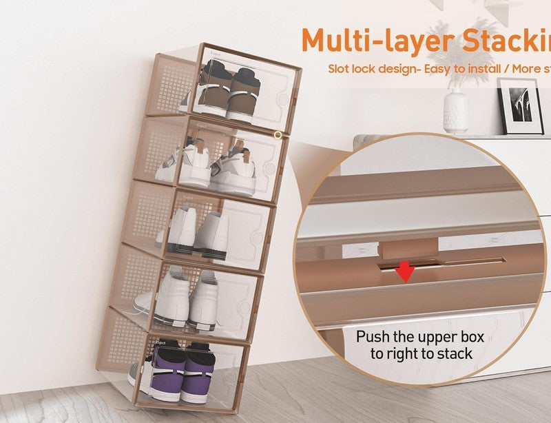 12 Pack X Large Clear Shoe Storage Boxes, Stackable Organizer Bins, Brown2