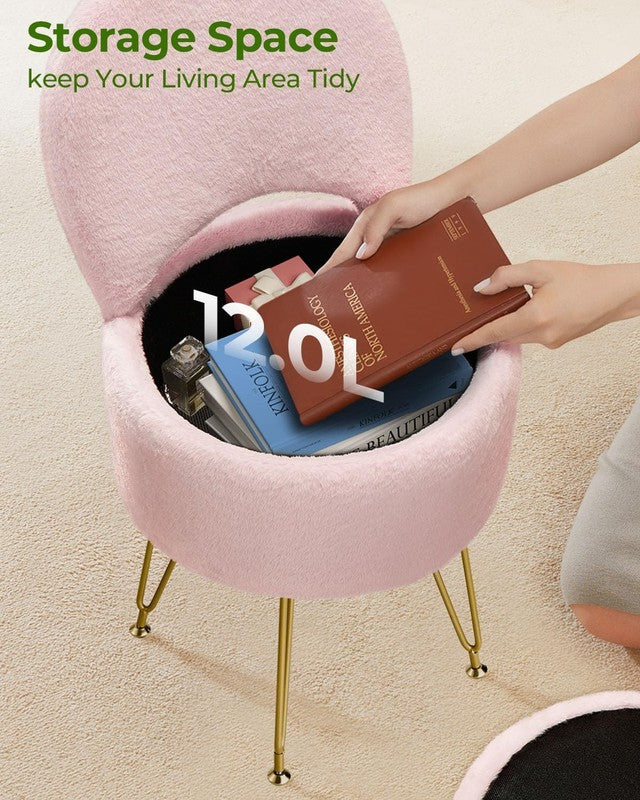 Faux Fur Vanity Stool Chair w/Storage Folding Back Ottoman Pink3