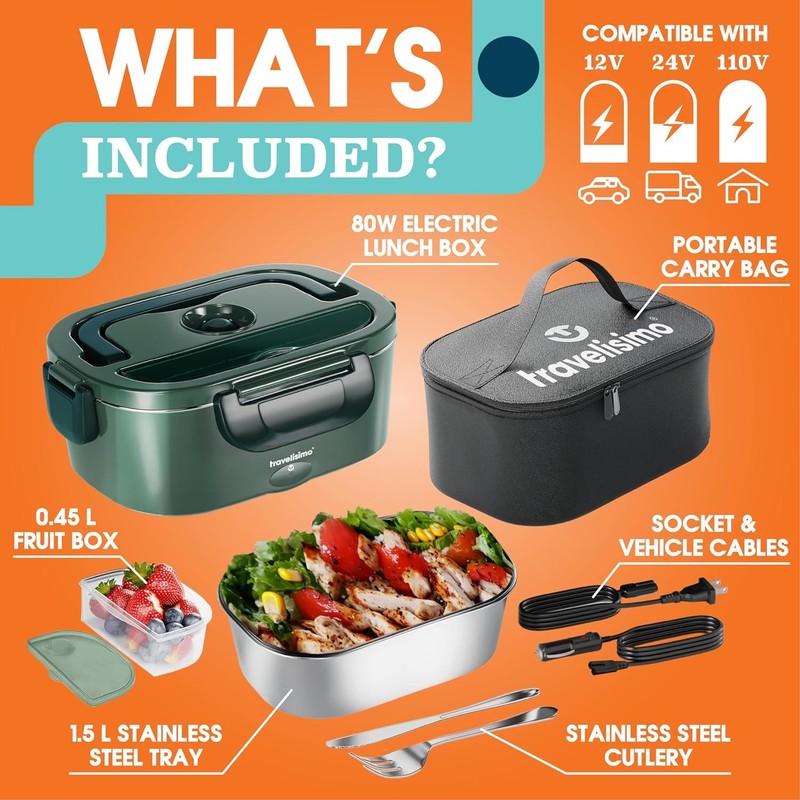 Electric Lunch Box 80W 1.5L Heated Food Warmer 12/24/110V Portable for Adults4