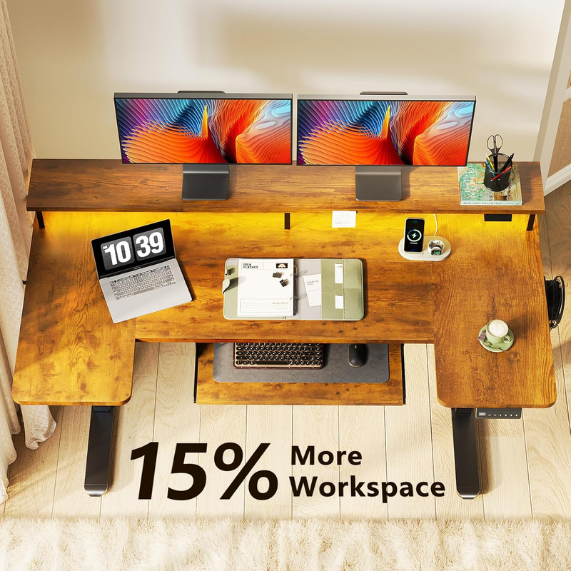 55" U Shaped Electric Standing Desk w/ Keyboard Tray Rustic Brown4