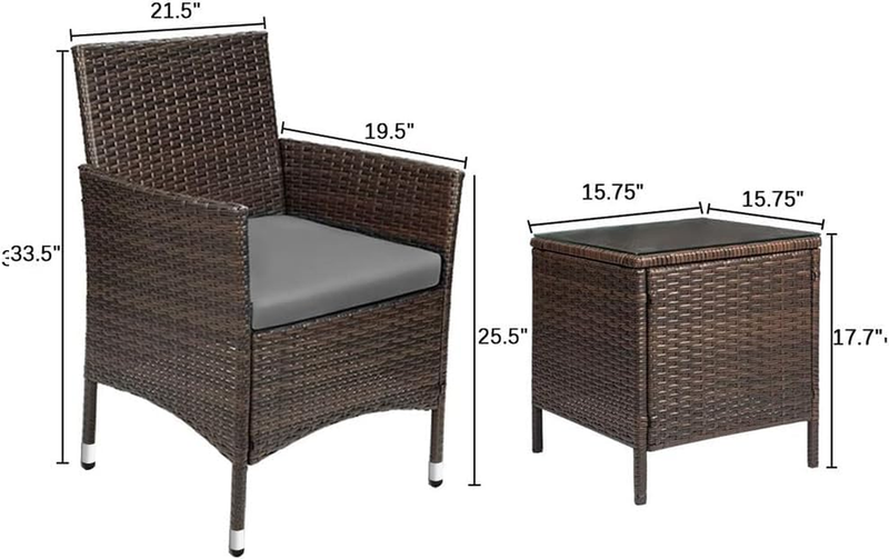 3 Piece Patio Furniture Set PE Rattan Table Outdoor Set Brown Grey Patio Porch7