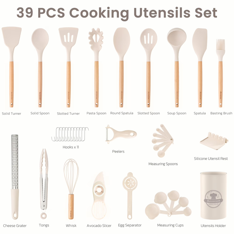 38PCS Silicone Kitchen Utensil Set Wooden Handle Heat Resistant White4