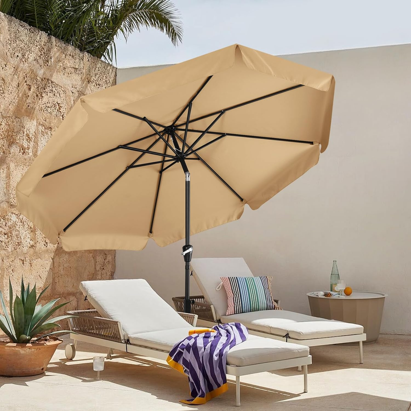 9FT Patio Umbrella with Crank Tilt 8 Ribs UV Fade Resistant Khaki1