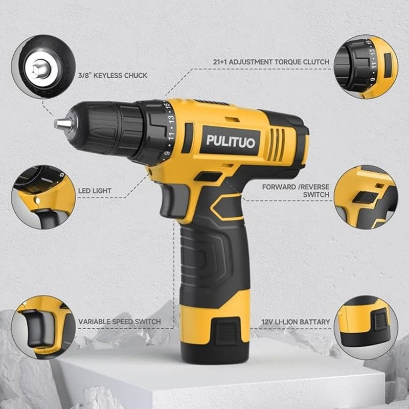 12V Cordless Power Drill Kit 21+1 Torque LED Battery Charger Compact Yellow3