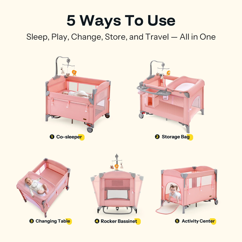 5 in 1 Baby Playard with Bassinet & Changing Table for Newborn, Pink2