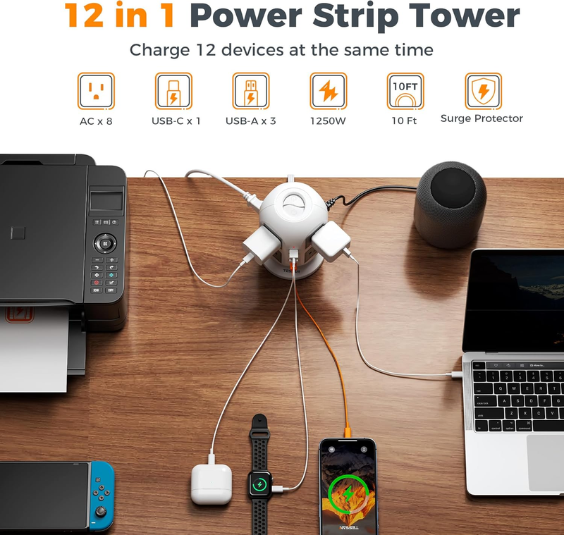 Tower Surge Protector Power Strip 10 Ft, Long Flat Extension Cord with Multiple 7