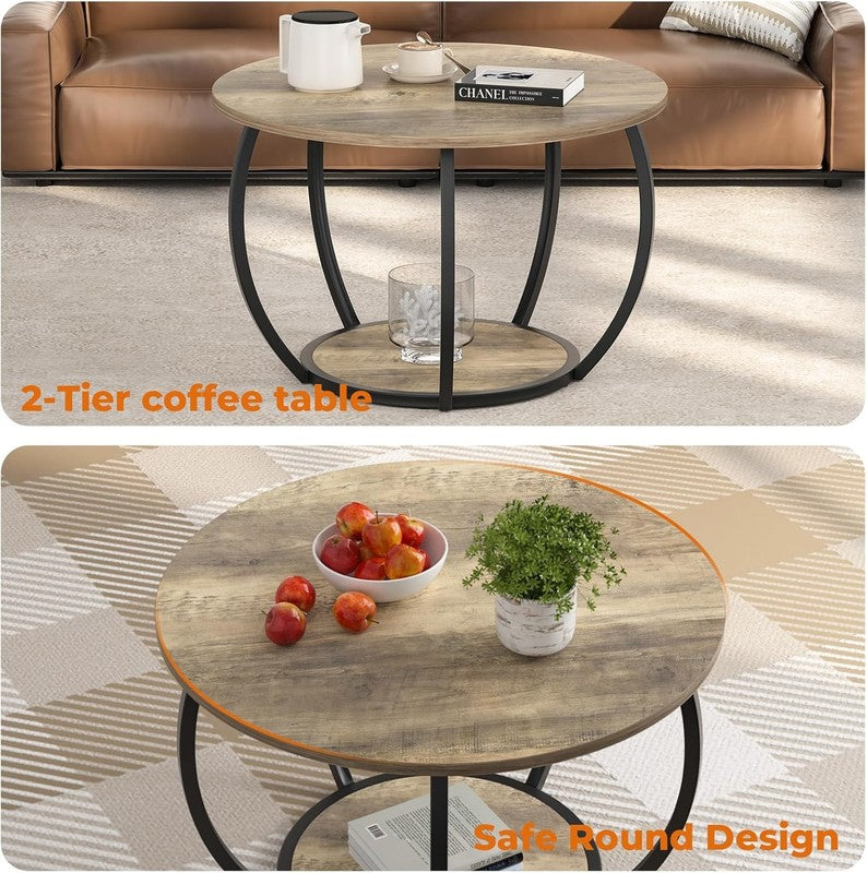 Round 2 Tier Coffee Table with Storage 27.6" Adjustable Feet, Grey Wash4