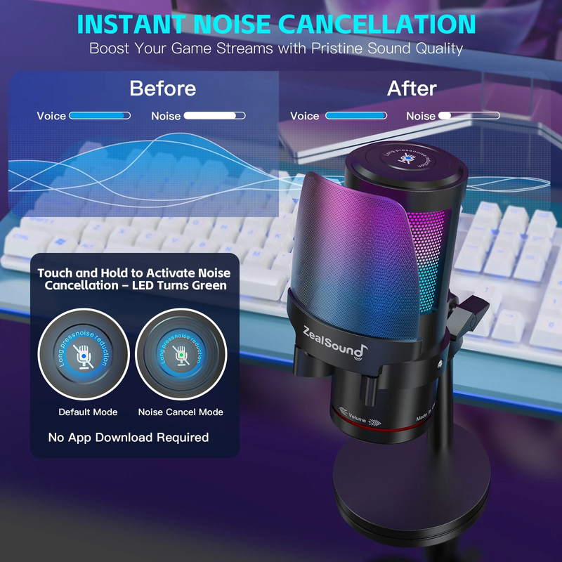 Gaming USB Microphone,Noise Cancellation Condenser Mic with RGB Light,Touch Mute3