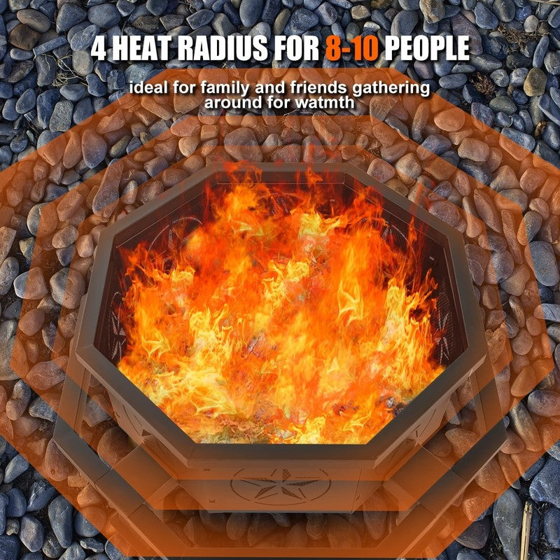Octagon Wood Fire Pit, 35" Metal Outdoor Firepit for Patio Party Black2