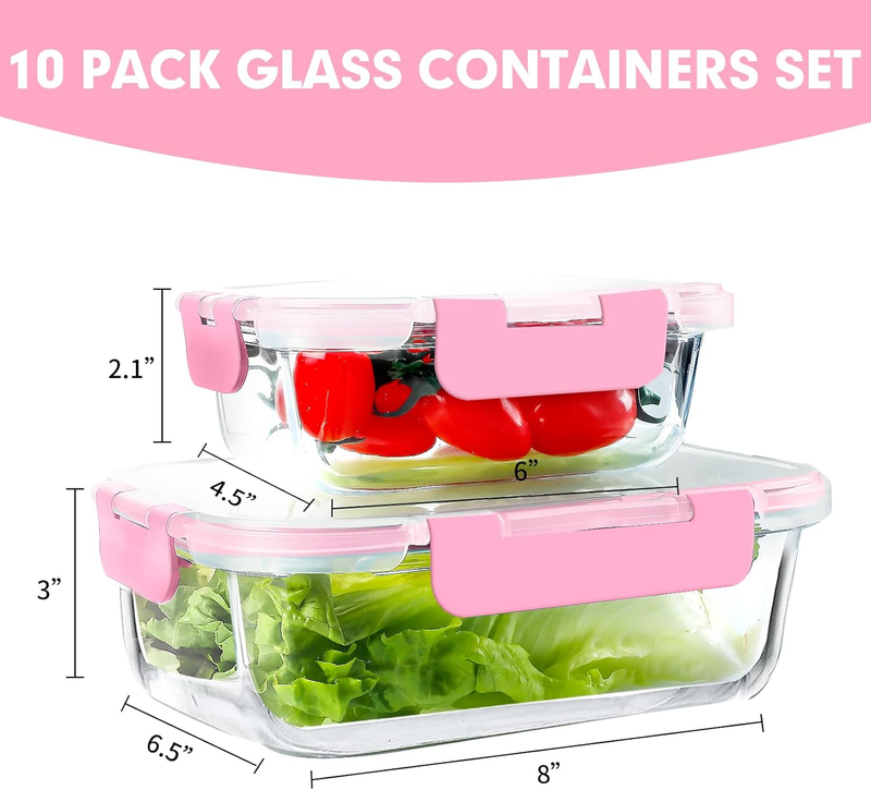 10 Pack Airtight Glass Meal Prep Containers Stackable Lids Pink1