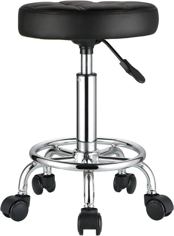 Adjustable Round Rolling Stool with PU Leather Seat and Wheels - Black3