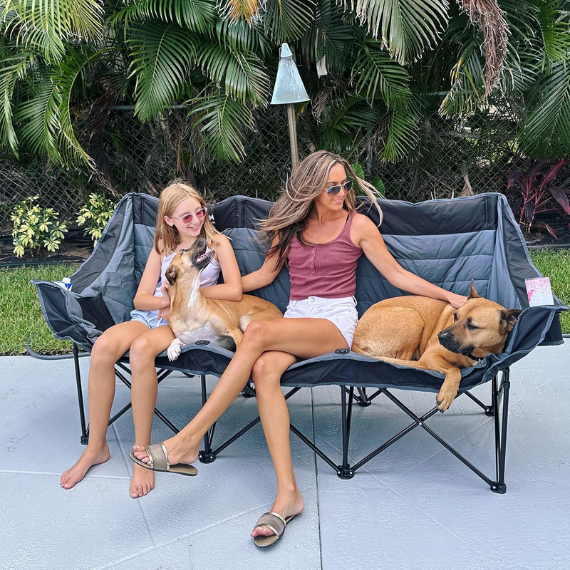 Heavy Duty 3 Person Camping Chair Folding Loveseat w/ Cup Holders Outdoor3