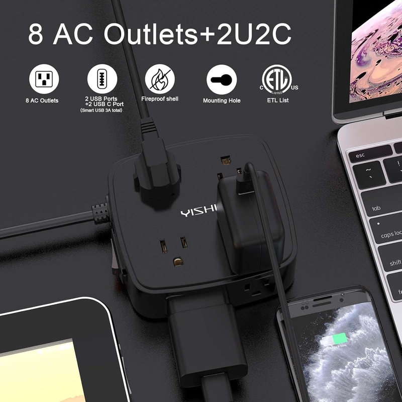 6FT Surge Protector Power Strip 8 Outlets 4 USB Ports Flat Plug Black1