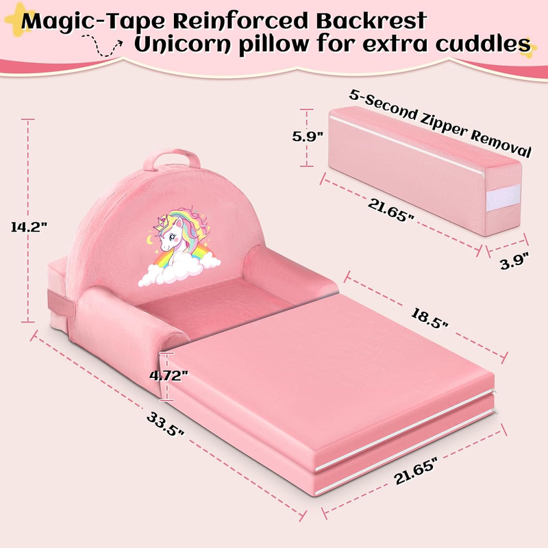 Unicorn Kids Foldable Sofa Bed w/ Washable Cover, Crystal Velvet Toddler Chair6