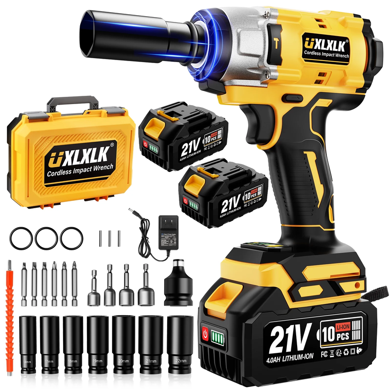 Cordless 1/2 Inch Brushless Impact Wrench 590Ft-Lbs 2 Batteries 7 Sockets Kit10