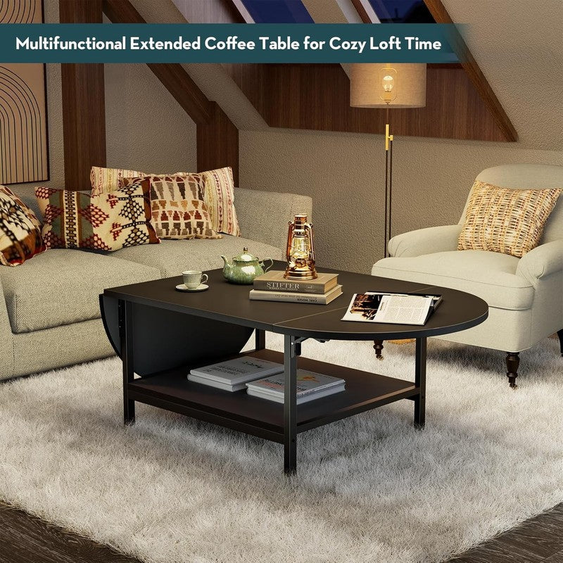 Black 2 Tier Foldable Coffee Table with Storage, Modern Living Room Table5