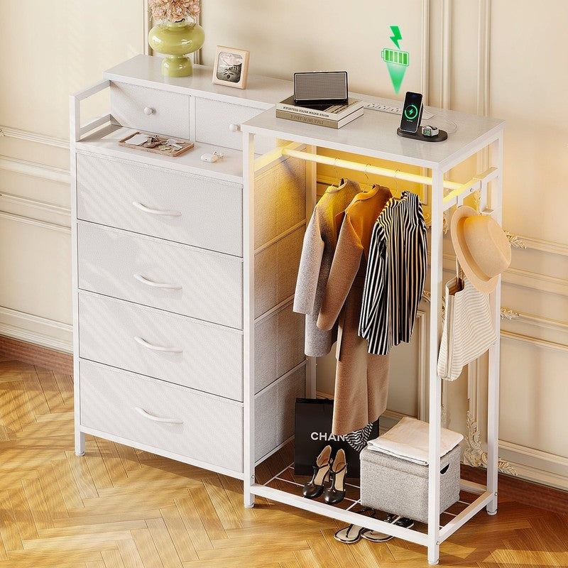 Dresser for Bedroom with Clothes Rack, 6 Drawers Dresser with Charging Station &4