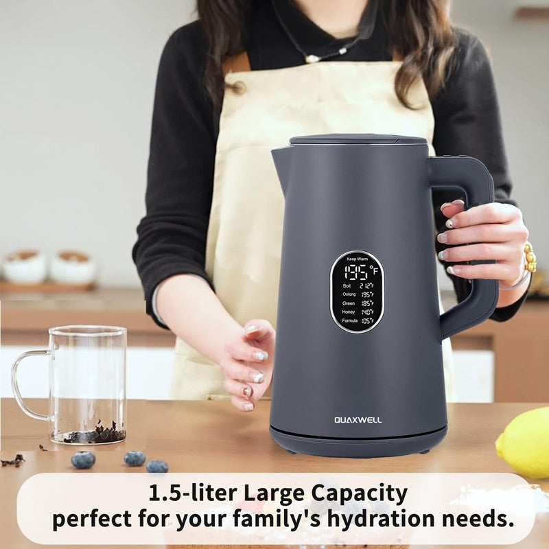 Electric Kettle 1.5L Stainless Steel Double Wall 5 Keep Warm Gray BPA Free1