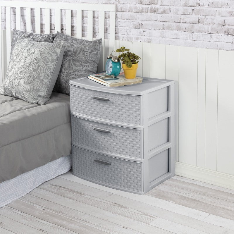 3 Drawer Wide Weave Tower, Plastic Décor Drawers with Pull Handles, Light Gray4