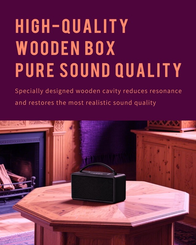 Portable Bluetooth Speaker 80W, 20H Playtime, Bass, AUX, USB, TWS, Vintage Black3