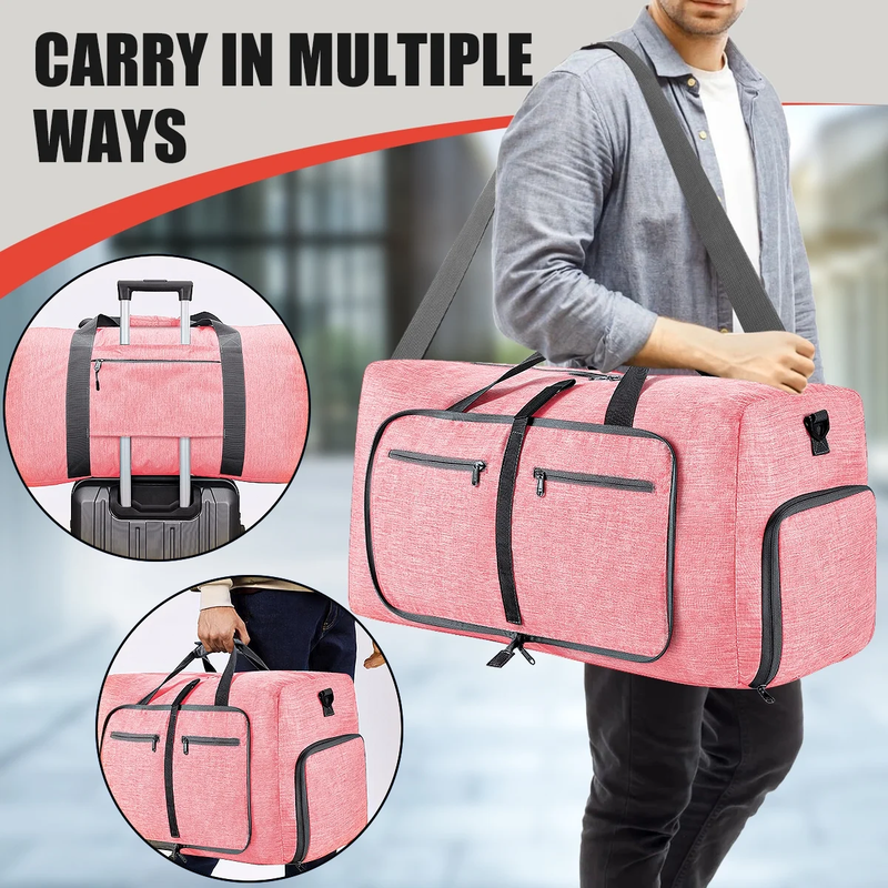 65L Foldable Travel Duffle Bag Waterproof Weekender w/Shoe Compartment Pink6