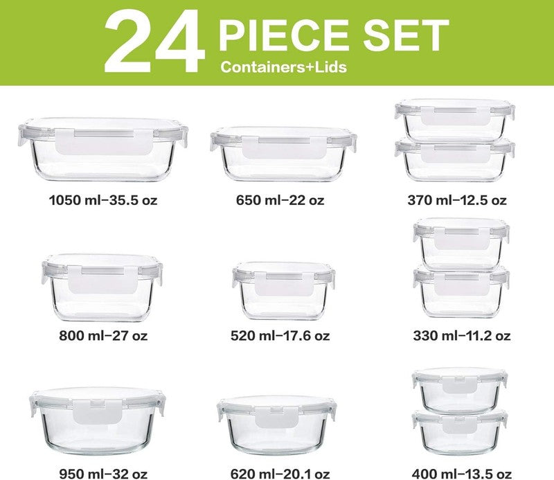 24 Piece Glass Meal Prep Containers Airtight Snap Lock Lids White1