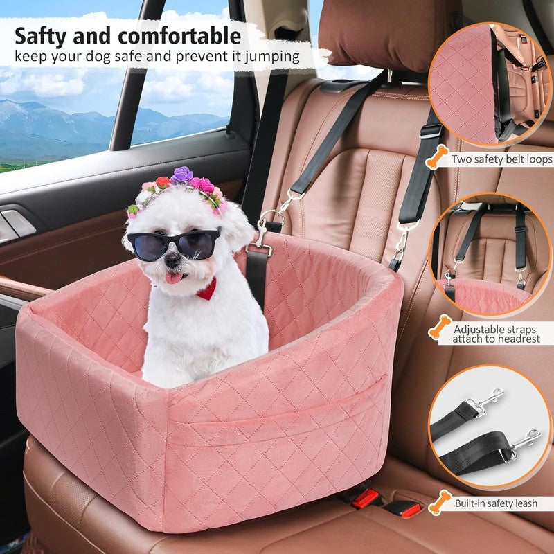 Dog Car Seat Small/Medium Dogs under 30lbs Washable Booster w/ Pockets Pink2