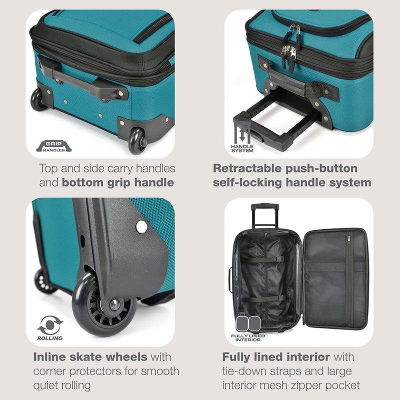 Rio Fabric Expandable Carry On Luggage, Rolling Suitcase, Teal, 2 Wheel Set3