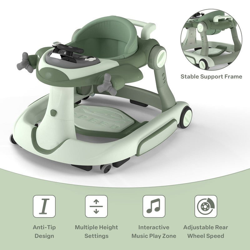 5-In-1 Musical Baby Walker with Wheels, Foldable Baby Walker for Boys Girls, Gre4