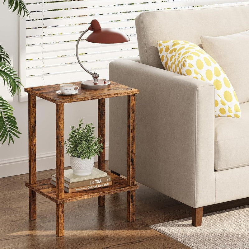 Set of 2 End Tables Nightstand 2 Tier Storage Shelf Side Table Brown1