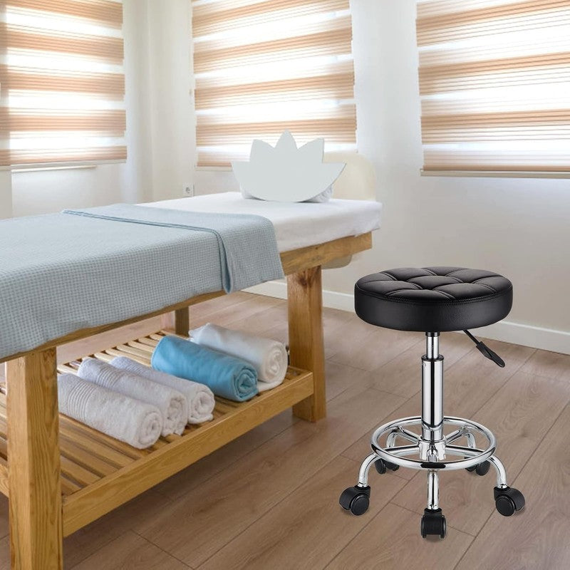 Adjustable Round Rolling Stool with PU Leather Seat and Wheels - Black1