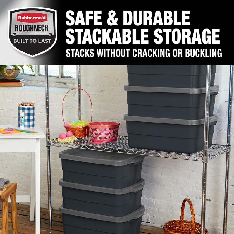 10Gal Black/Gray Plastic Storage Bins w Lids Stackable 6 Pack Totes5