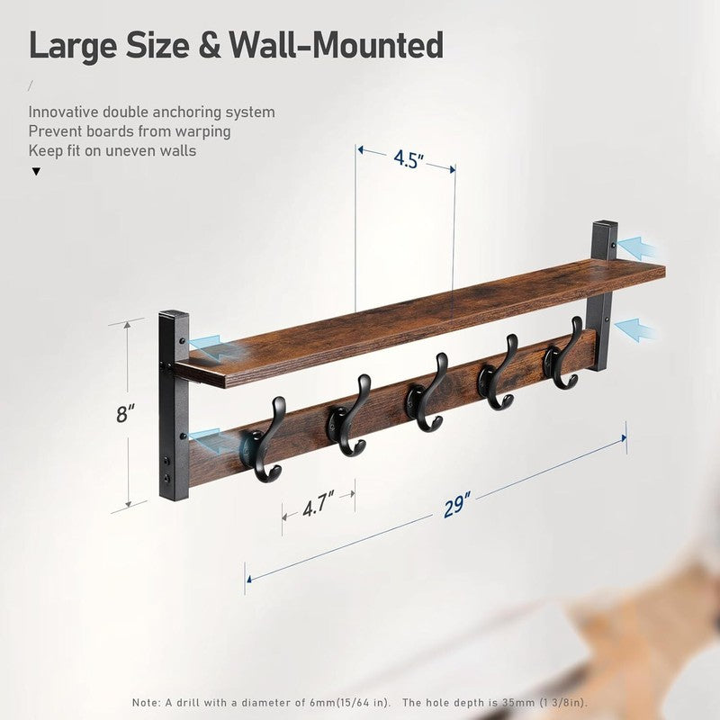 29" Coat Rack Wall Mount with Shelf, Rustic Black6