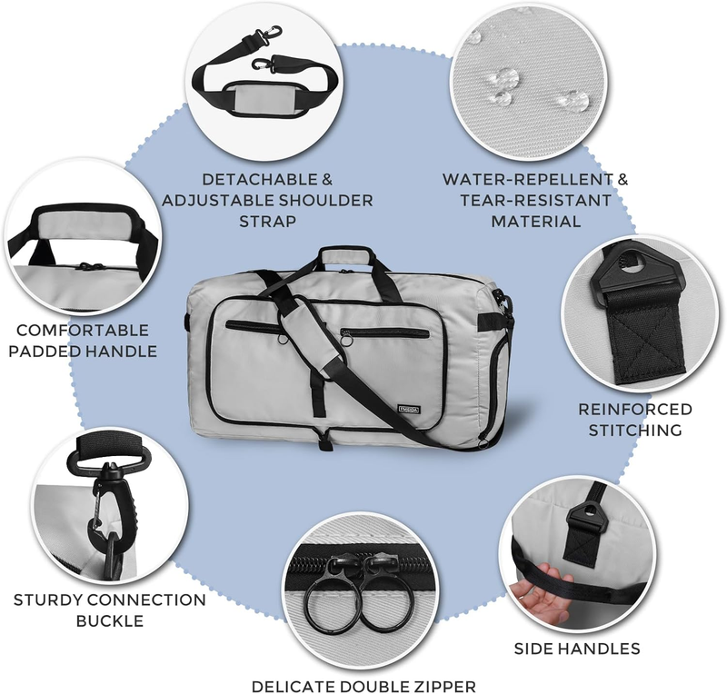 65L Travel Duffel Bag Foldable w/ Shoe Compartment Water Resistant Gray5