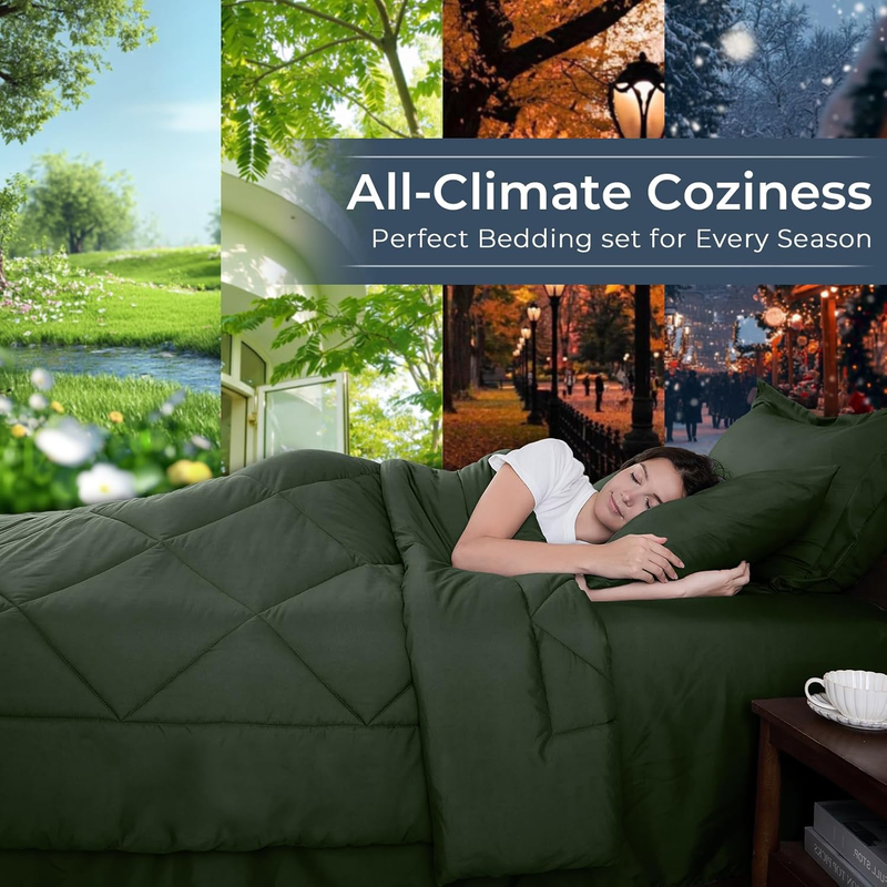 Army Green Queen Comforter Set 7 Piece Bed in Bag Ultra Soft Shams Set Green2