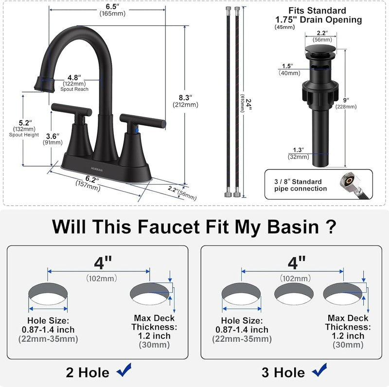 2 Pack Matte Black Bathroom Sink Faucet 4" Centerset w/ Drain Hoses4