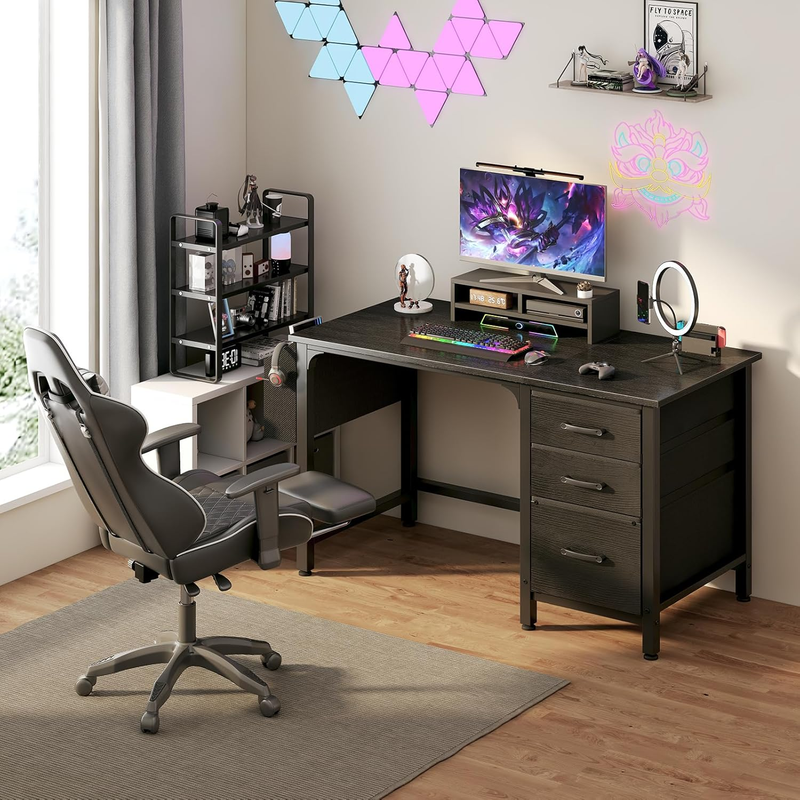 Computer Desk with File Drawers Cabinet, 47 Inch Reversible Home Office Desks wi1