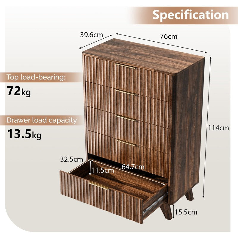 Fluted 5-Drawer Dresser – Solid Wood Chest with Soft-Close Slides, Storage Cabin1