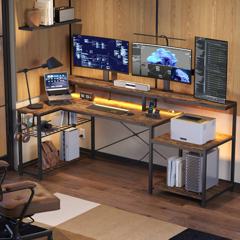 71" L-Shaped Gaming Desk LED with Power Outlets, Monitor Stand Rustic10