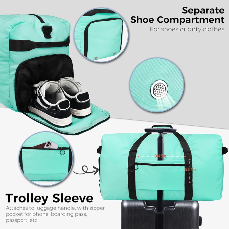 65L Travel Duffel Bag Foldable w/ Shoe Compartment Water Resistant Gray4