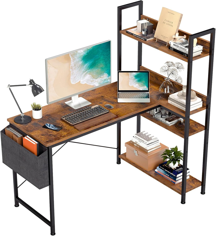 47'' L Shaped Desk Corner Computer Table Gaming Shelf Home Office Brown0