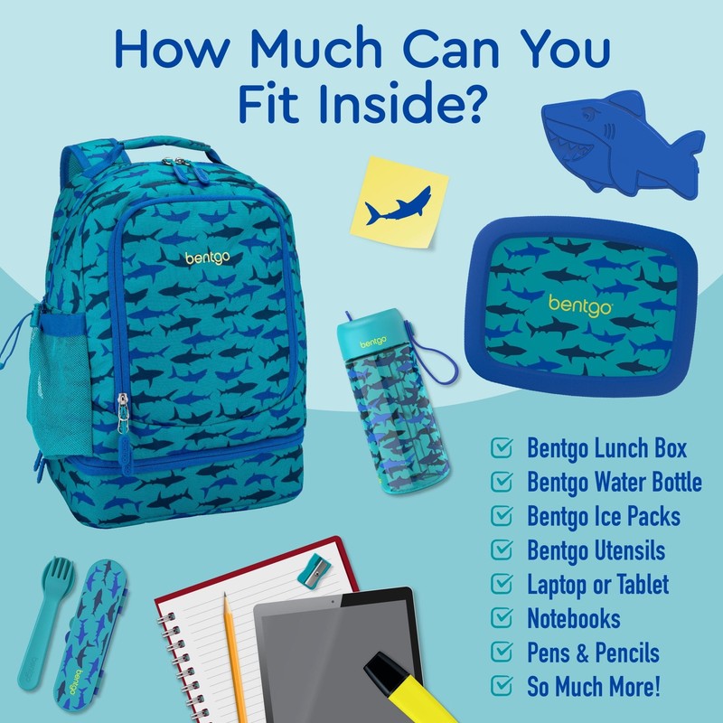 Kids 2 in 1 Backpack Insulated Lunch Bag Set Shark Print Water Resistant School 3