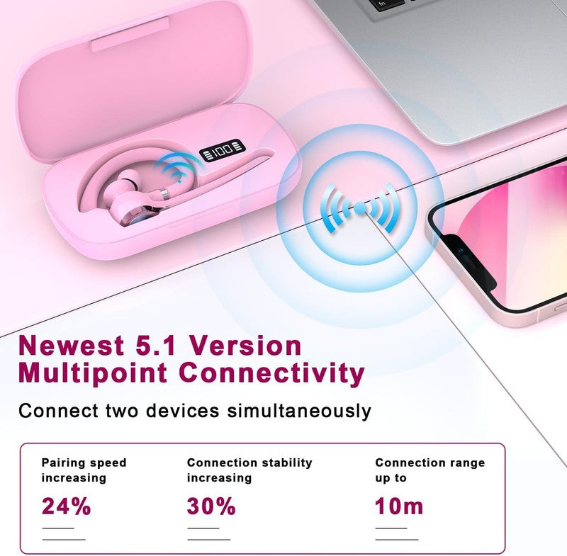 Bluetooth Headset V5.1 Wireless Earpiece 72H Talk 500mAh Case Hands Free Pink2