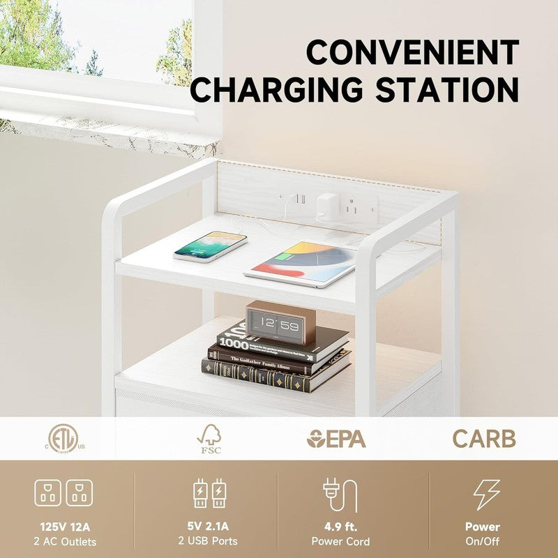 White Nightstand w/ Charging Station LED Light 2 Fabric Drawers USB & AC Outlets4