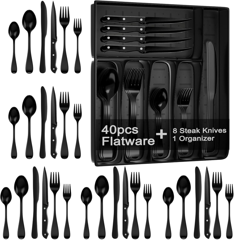 49Pc Black Silverware Set for 8 w/ Organizer Steak Knives Stainless11