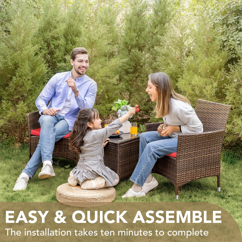 3 Piece Patio Furniture Set PE Rattan Outdoor Bistro Set Brown Red Patio Porch3