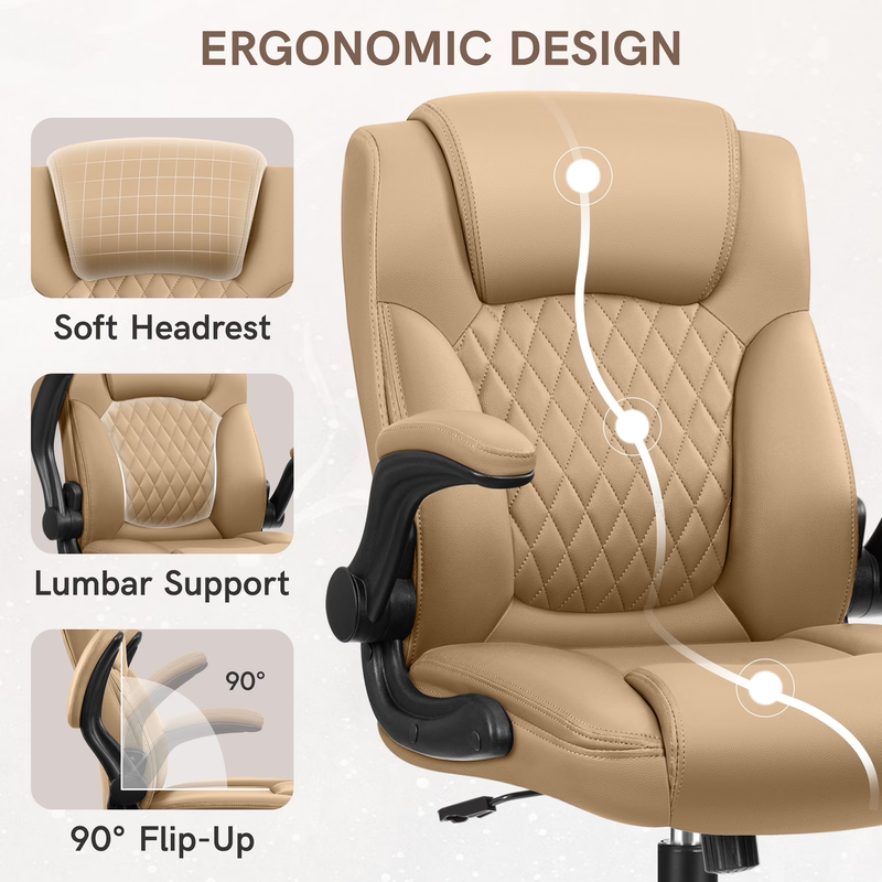 High Back Leather Office Chair Wide Seat Lumbar Support Tan2