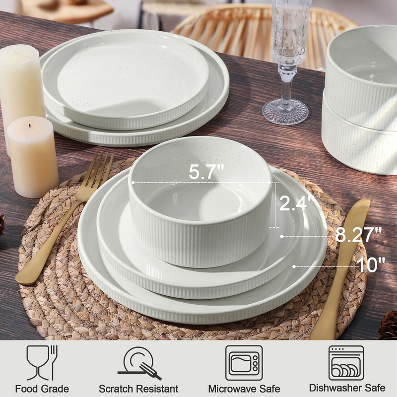 12Pc Stoneware Dinnerware Set for 4 Ribbed Plates Bowls Speckled White8