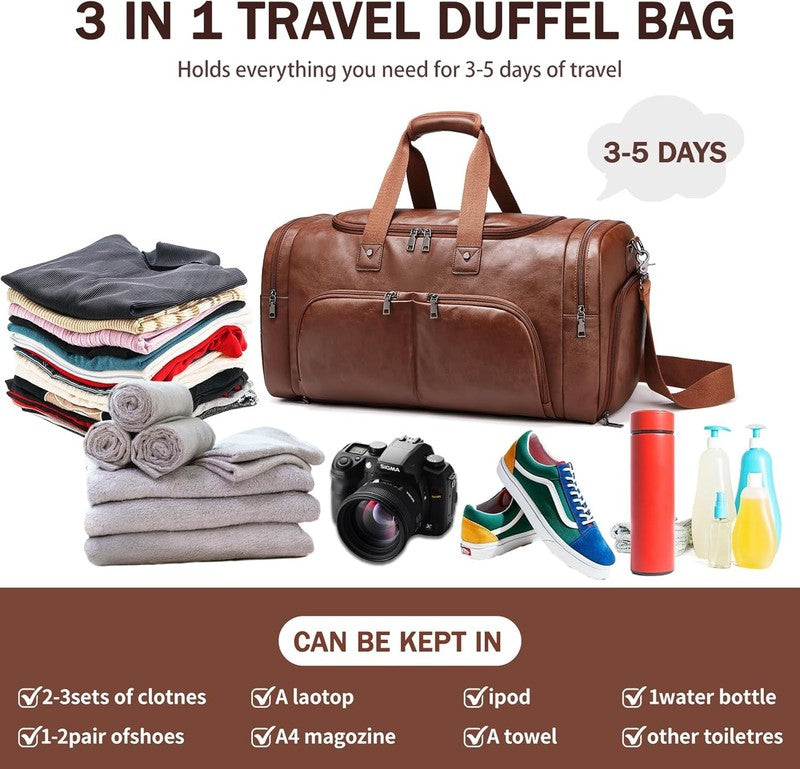 Leather Travel Duffle Bag Waterproof Weekender Shoe Compartment Gym Travel Bag4